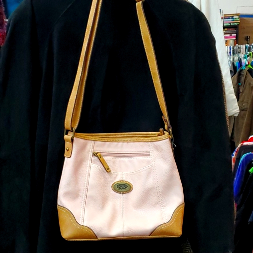 BOC pink and tan purse with adjustable strap